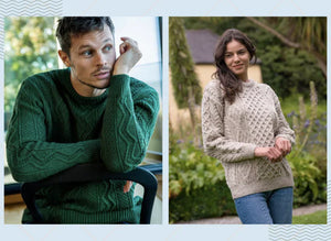 A man and a woman wearing fisherman's sweaters