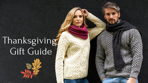 Thanksgiving guide banner featuring a woman and man in sweaters and scarves