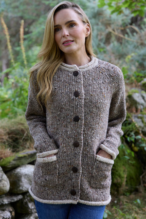 100% Donegal Wool Ladies Contrast Cardigan Honey