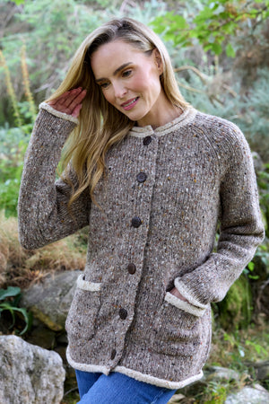 100% Donegal Wool Ladies Contrast Cardigan Honey