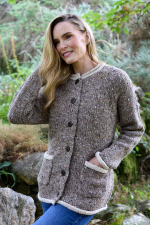 100% Donegal Wool Ladies Contrast Cardigan Honey