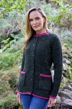 100% Donegal Wool Ladies Contrast Cardigan Army Green