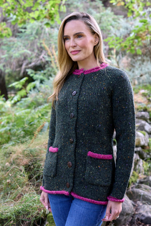 100% Donegal Wool Ladies Contrast Cardigan Army Green