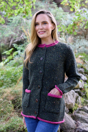 100% Donegal Wool Ladies Contrast Cardigan Army Green
