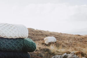 Knitwear in a rugged landscape with a lone sheep in background