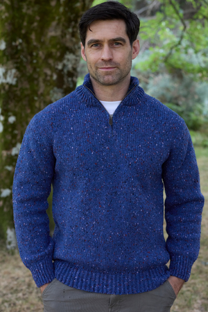 100% Donegal Wool Blue Fleck Men's Half Zip Sweater