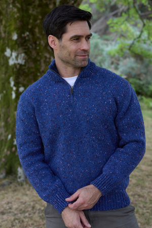 100% Donegal Wool Blue Fleck Men's Half Zip Sweater