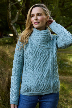 Cable Knit Side Zip Merino Wool Cardigan - Mermaid