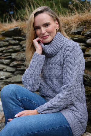 100% Super Soft Merino Wool Cowl Neck Aran Sweater – Grey