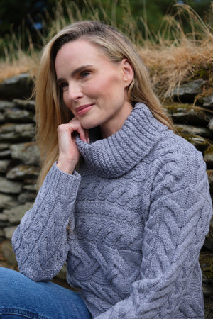 100% Super Soft Merino Wool Cowl Neck Aran Sweater – Grey