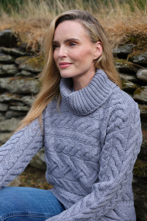 100% Super Soft Merino Wool Cowl Neck Aran Sweater – Grey