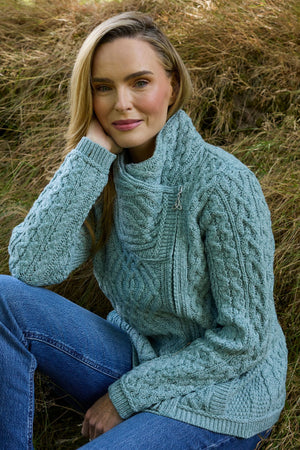 Cable Knit Side Zip Merino Wool Cardigan - Mermaid