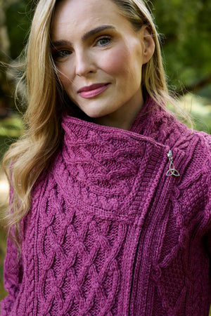100% Merino Wool Side Zip Aran Cardigan – Berry