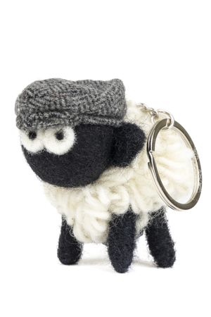 Knitted Sheep Keyring Mountain Blackface With Grey Tweed Flatcap