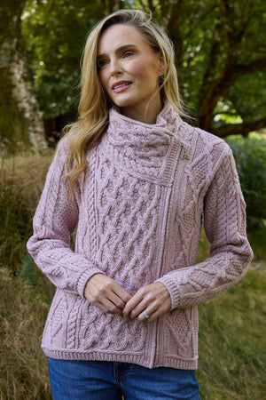 100% Merino Wool Side Zip Aran Cardigan – Baby Pink