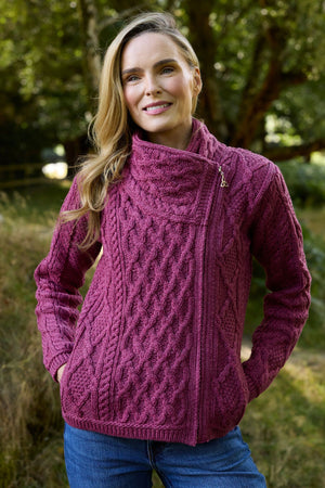 100% Merino Wool Side Zip Aran Cardigan – Berry