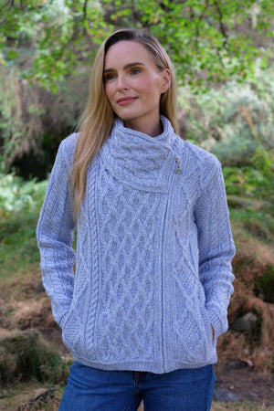 100% Merino Wool Side Zip Aran Cardigan – Sky Blue