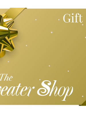 Gold gift card with a bow from 'The Sweater Shop' on a white background