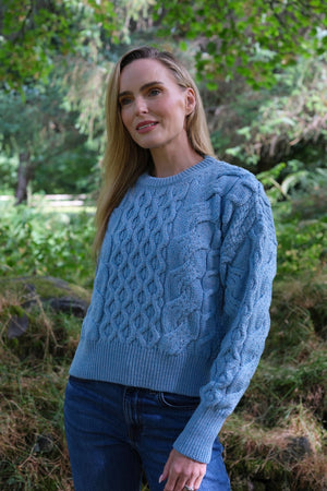 Crop Cable Aran Super Soft Merino Wool Sweater Sky Blue
