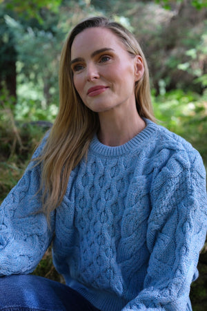 Crop Cable Aran Super Soft Merino Wool Sweater Sky Blue