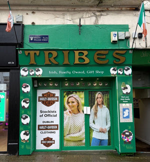 Tribes 10 William Street Galway.
Green storefront with 'TRIBES' sign/ Harley Davidson Clothing - Irish Family Name. 
