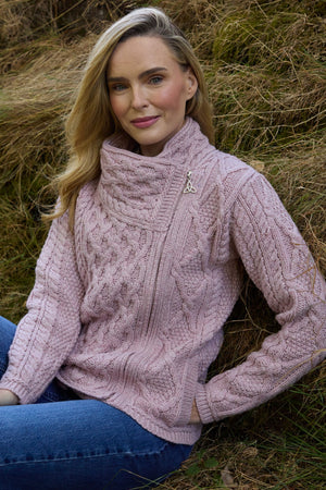 100% Merino Wool Side Zip Aran Cardigan – Baby Pink
