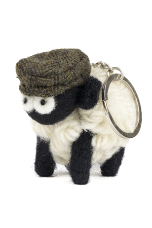 Knitted Sheep Keyring Mountain Blackface With Green Tweed Flatcap
