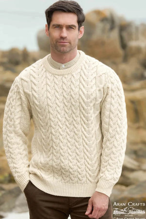 Unisex Chunky Cable Knit Crew Neck Sweater Natural