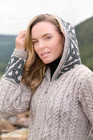 Celtic Jacquard Hooded Coat Oatmeal
