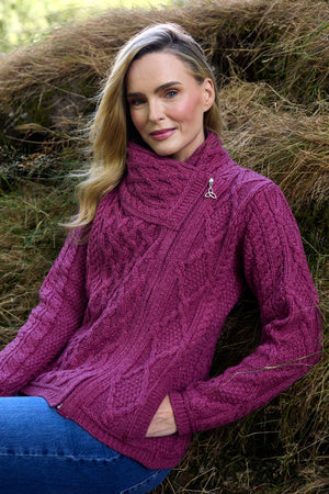 100% Merino Wool Side Zip Aran Cardigan – Berry