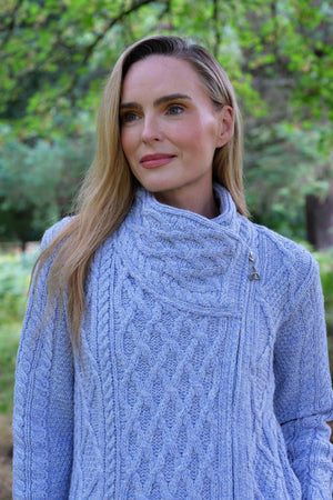 100% Merino Wool Side Zip Aran Cardigan – Sky Blue