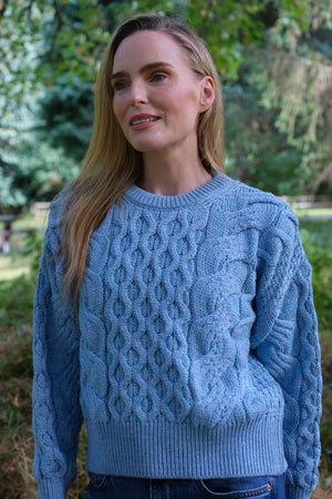 Crop Cable Aran Super Soft Merino Wool Sweater Sky Blue