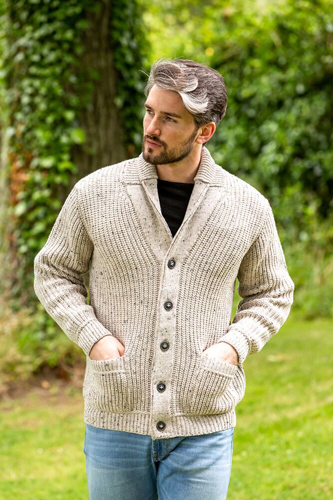 Men s Ribbed Shawl Neck Merino Wool Cardigan The Sweater Shop