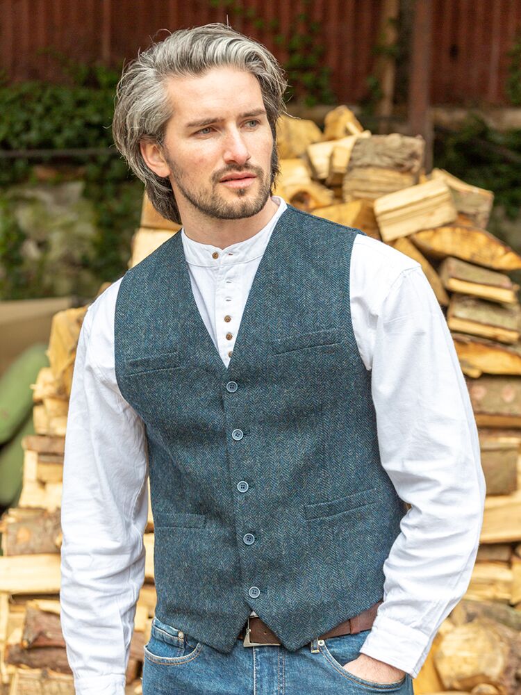 Mens grey black blue waistcoat tweed herringbone wool peaky blinders shops vintage retro