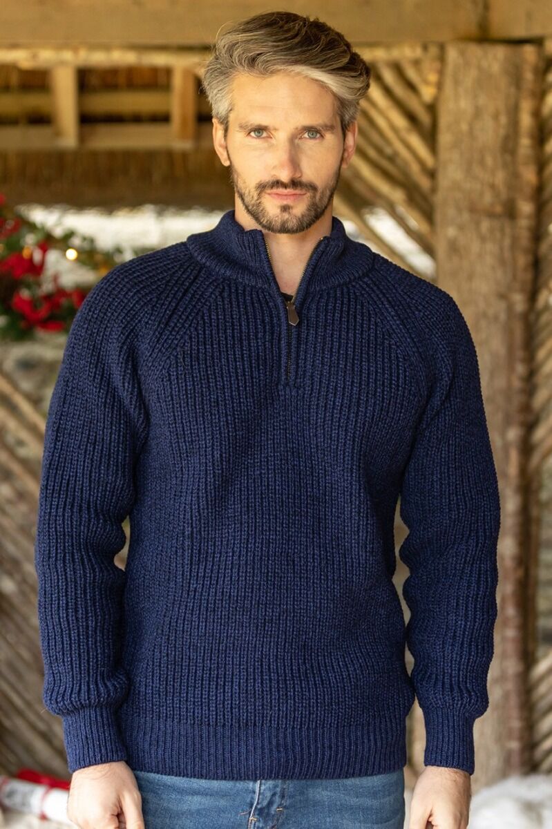 Men s half zip ribbed sweater Deep Water Blue