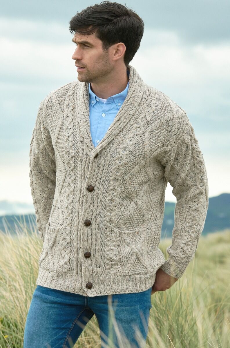 Men s Shawl Collar Aran Cable Stitch Cardigan The Sweater Shop