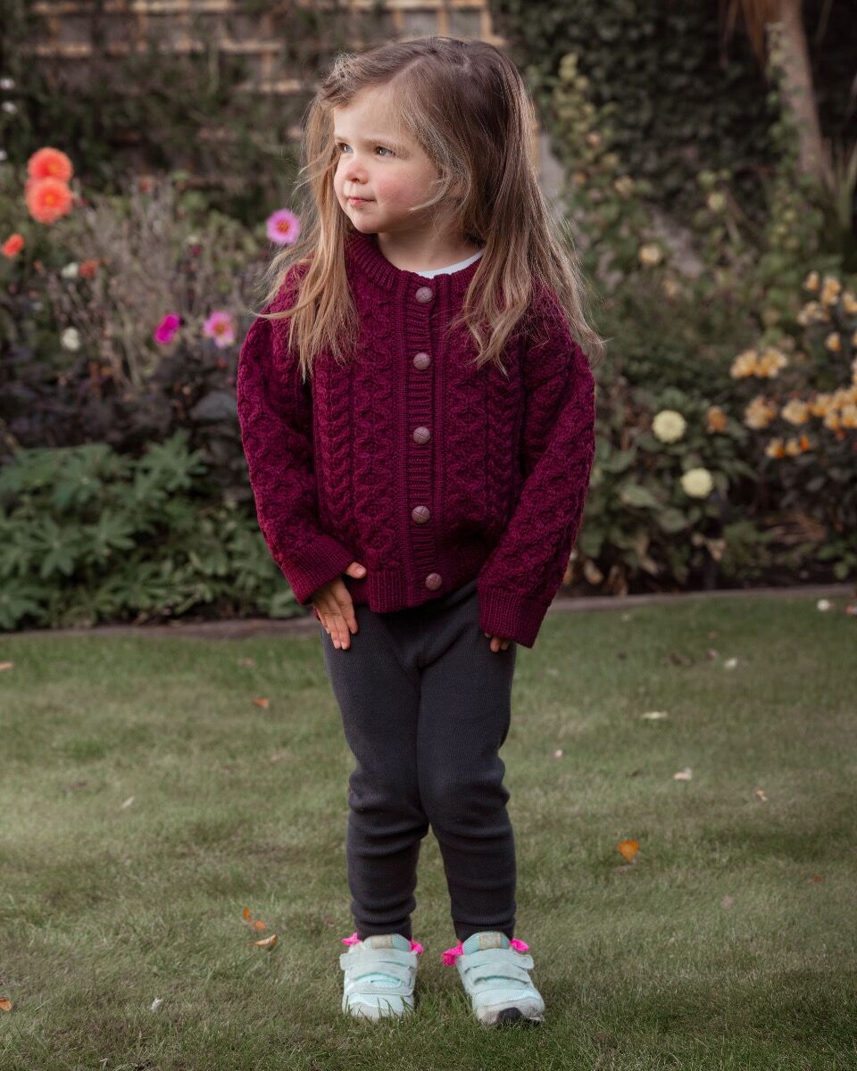 Kids Aran Cardigan Burgundy The Sweater Shop