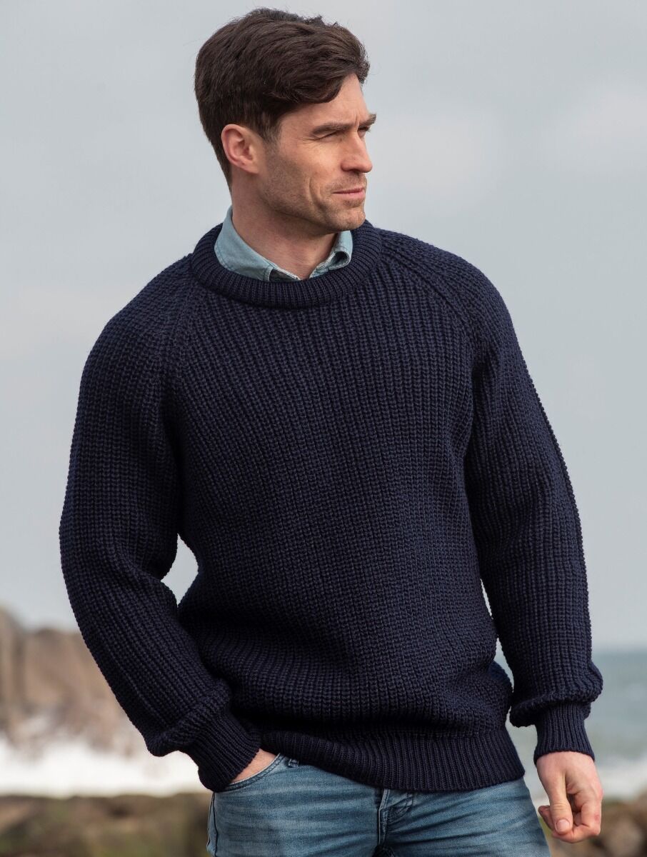 Fisherman Ribbed Crew Navy | The Sweater Shop