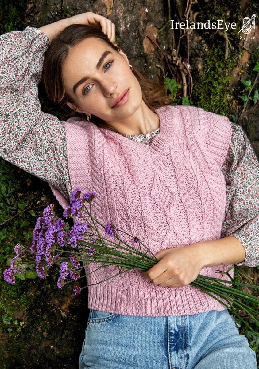 Sweetpea V Neck Aran Vest Pale Pink