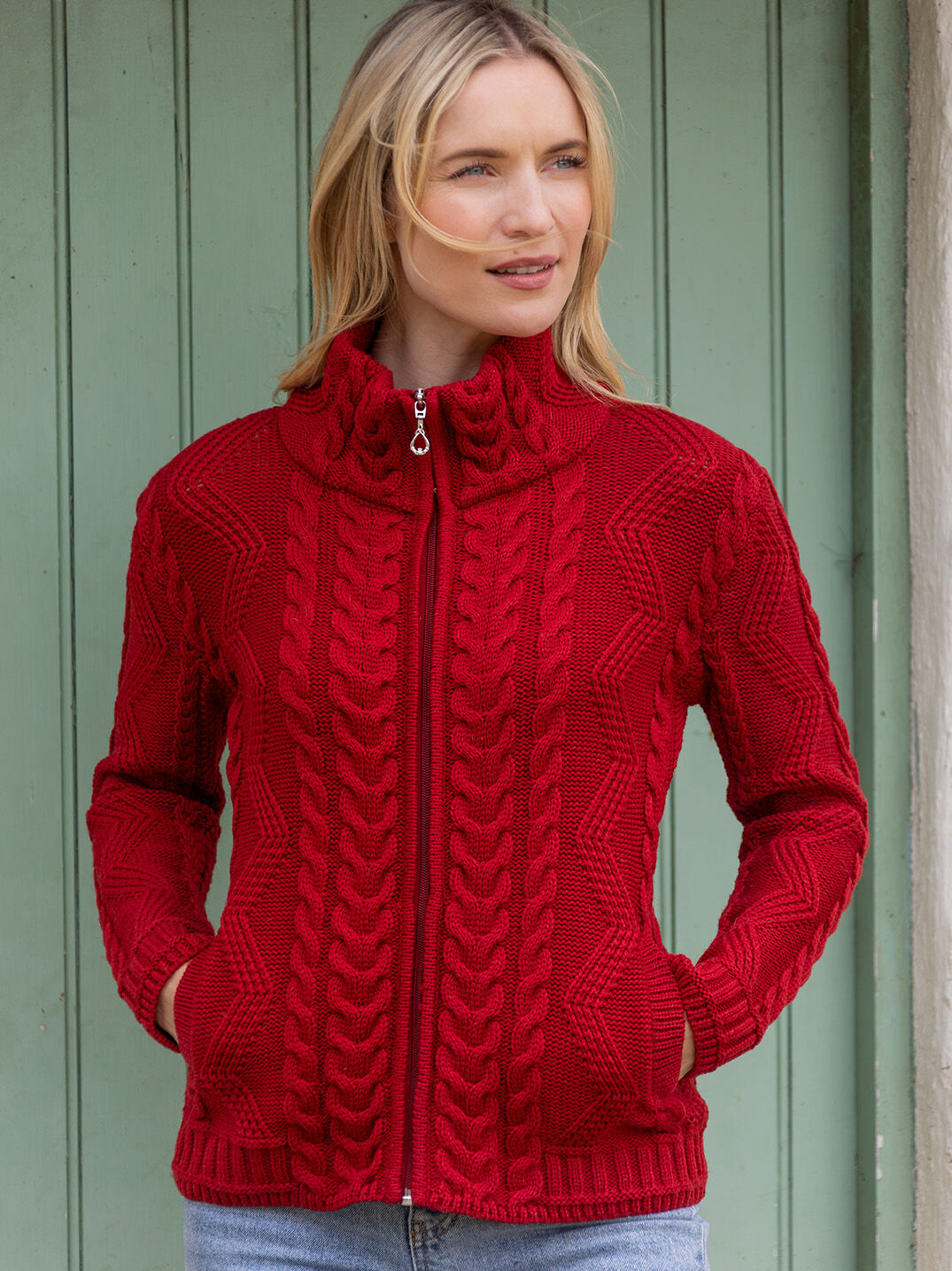 Ladies red cardigan best sale