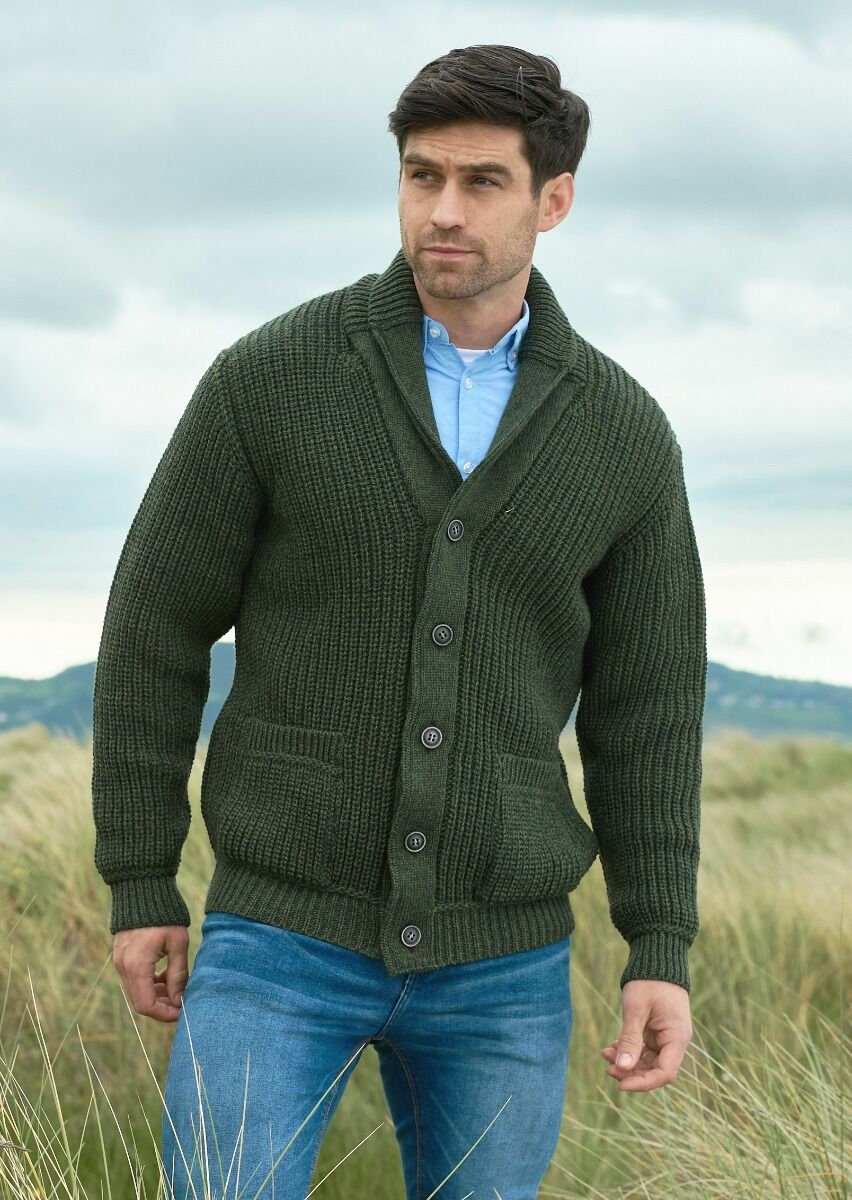 Men s ribbed cardigan Army Green The Sweater Shop