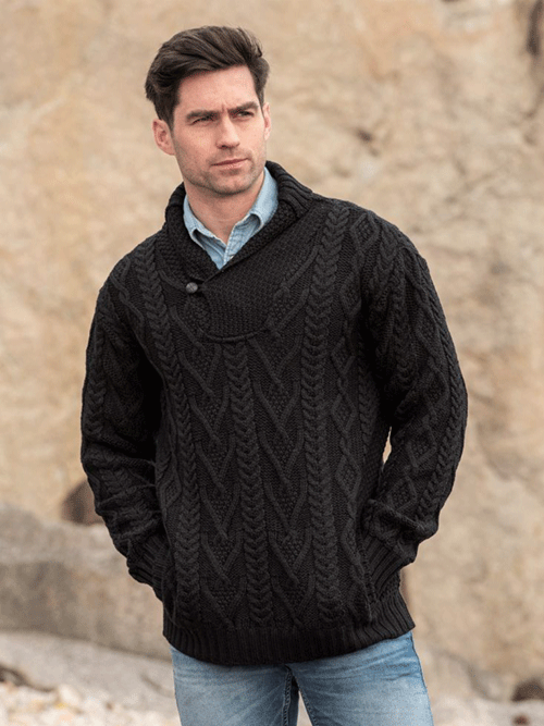 Aran Cowl Neck Sweater Merino Wool - Black