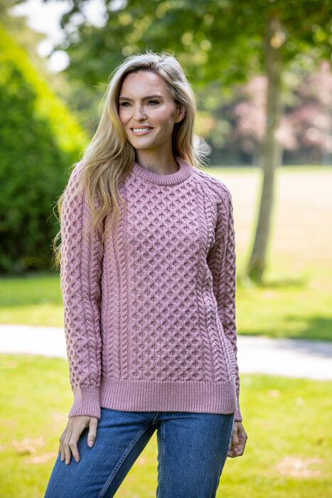 Ladies Merino Wool Fitted Aran Sweater Pink