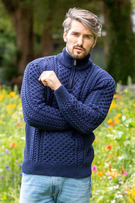 Men's Merino Wool Half Zip Aran Sweater