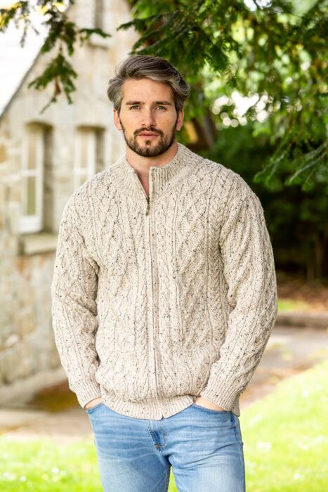 luchthaven Mis Medewerker Men's Merino Wool Full Zip Aran Cardigan | The Sweater Shop
