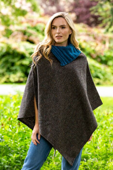 Made in Ireland Tweed Poncho with Collar Grey | The Sweater Shop