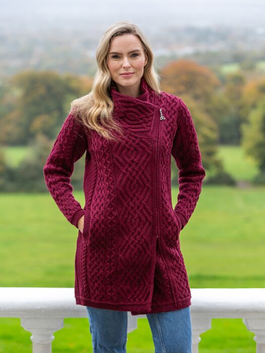 Side Zip Aran Coat Burgundy The Sweater Shop