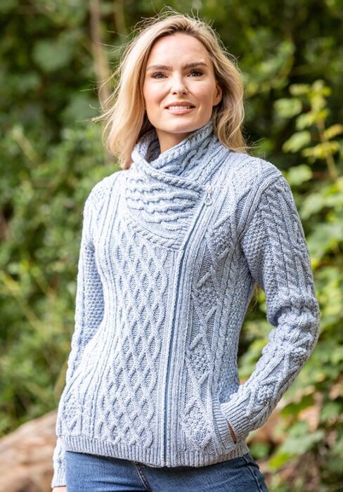 Aran Cable Knit Side Zip Baby Blue | The Sweater Shop