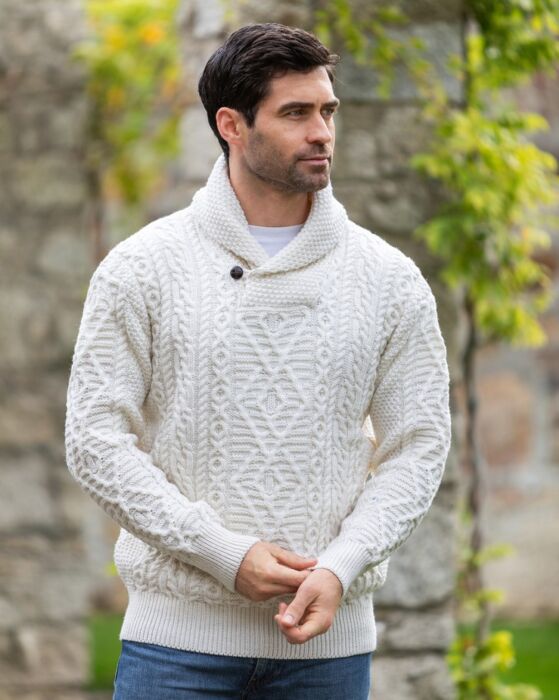 Men's Aran Shawl Neck Merino Wool Sweater | The Sweater Shop