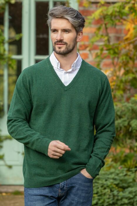 Men's Green Lambswool V-Neck Sweater | The Sweater Shop